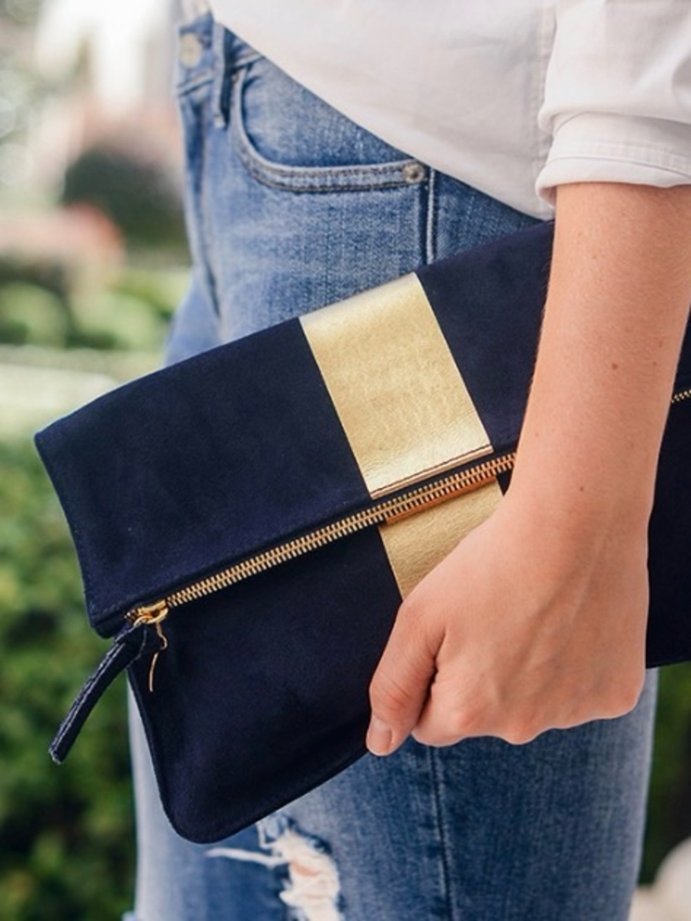 LIKE NEW Clare V. x Vogue Navy & Gold Suede Fold-over Clutch